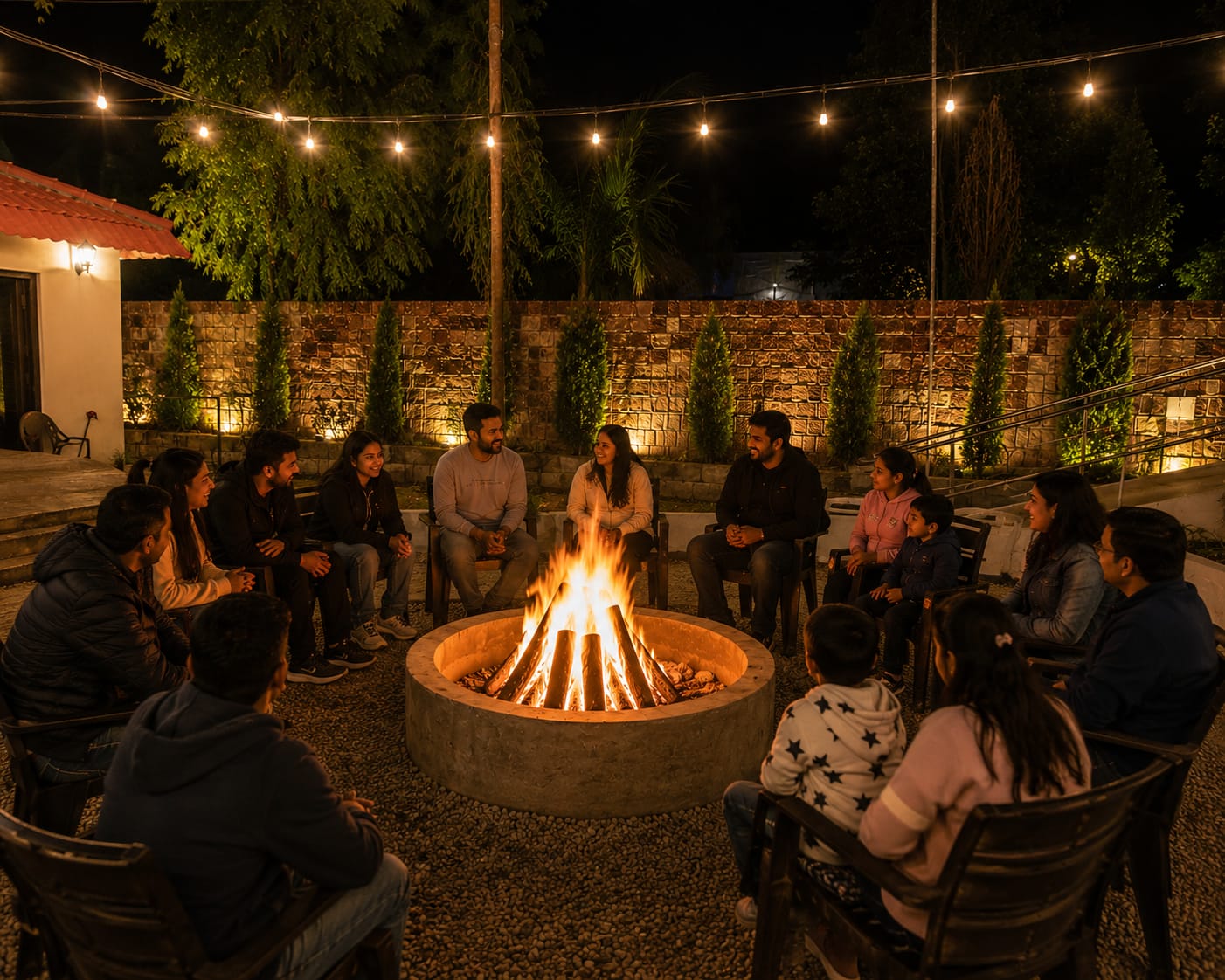 Guests seated around the round firepit at night under strings of festoon lights
