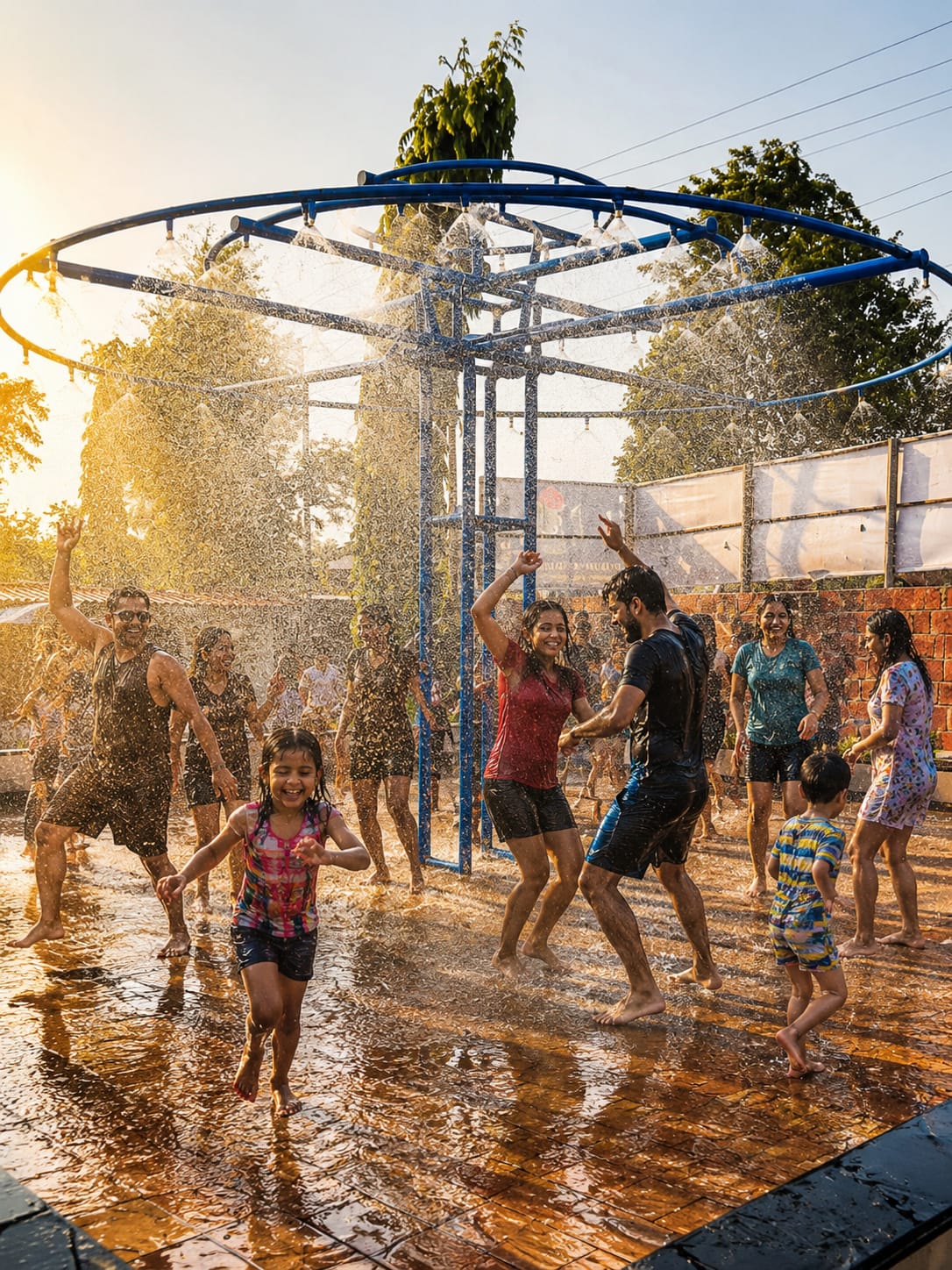 Families and children dancing under the rain-dance sprinklers, backlit by the late afternoon sun