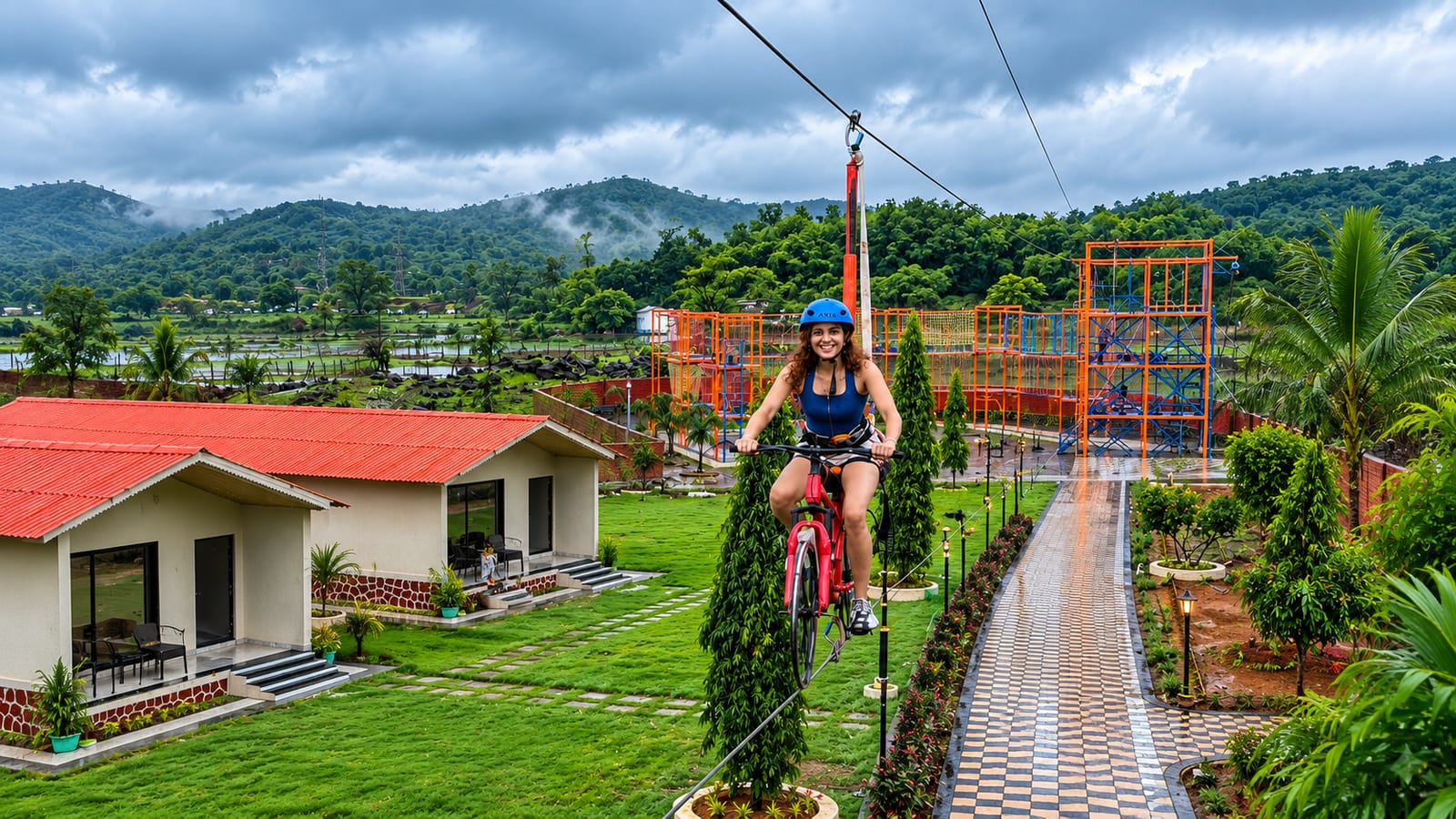 A guest riding the sky cycle along its cable above the cottages, lawns and rope-course tower, with the Sahyadri hills beyond
