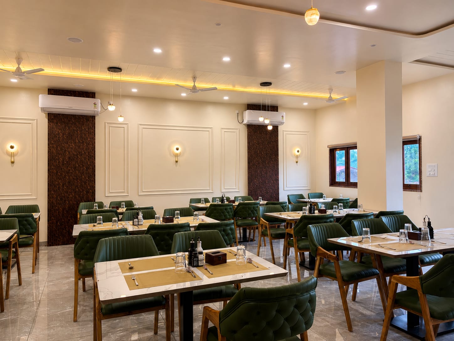 Restaurant interior with panelled walls and warm sconce lighting